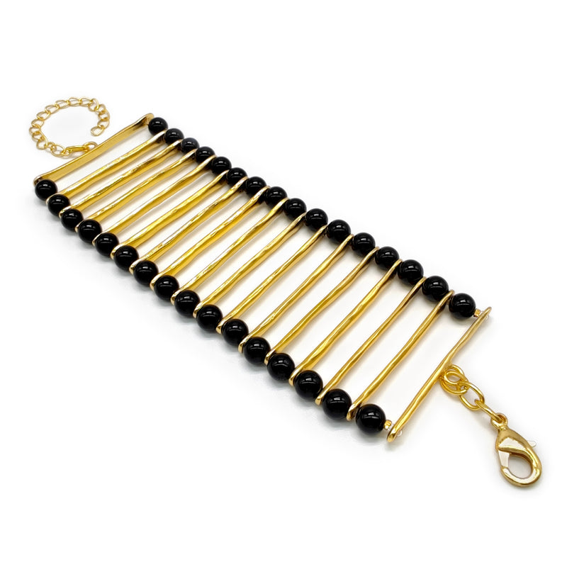 BRACELETE ELEGANCIA - Feita à mão - Banhada a ouro de 24 quilates - Ónix