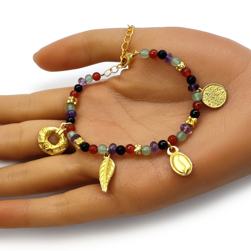 PULSEIRA ARCOÍRIS - Feita à mão - Banhada a ouro de 24 quilates - Ágatas, ônix, jades e ametistas