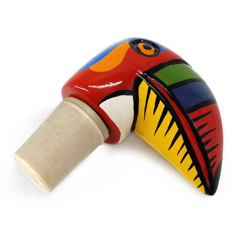 DECORATIVE BOTTLE STOPPER - The carnival toucan - Hand-carved and painted wood