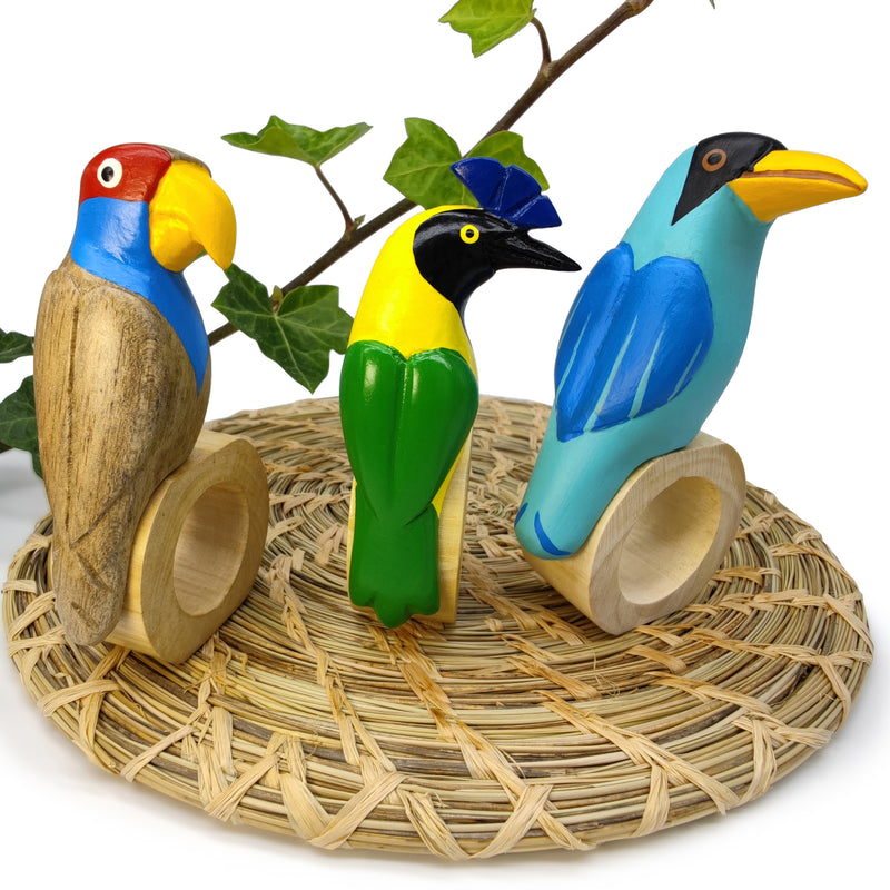 DECORATIVE NAPKIN RING - Green jay - Hand-carved and painted wood