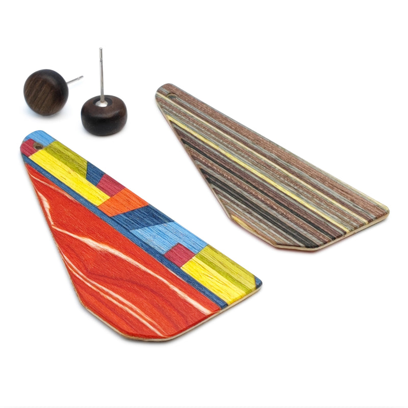 WOODIE TRIO EARRINGS - Handmade - Reversible - Plywood (3 crossed-laid layers of wood veneer)