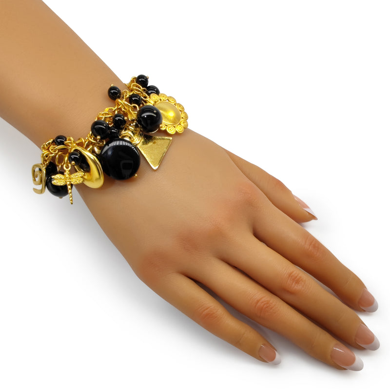 BRACELETE ENCANTO - Feita à mão - Banhada a ouro de 24 quilates - Ónix