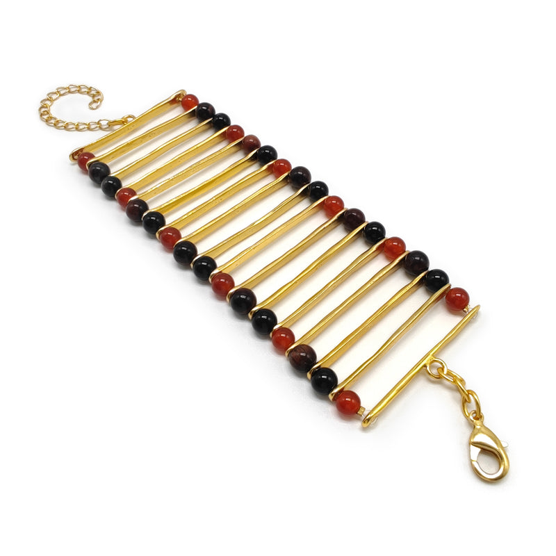 BRACELETE ELEGANCIA - Feita à mão - Banhada a ouro de 24 quilates - Ónix, ágatas