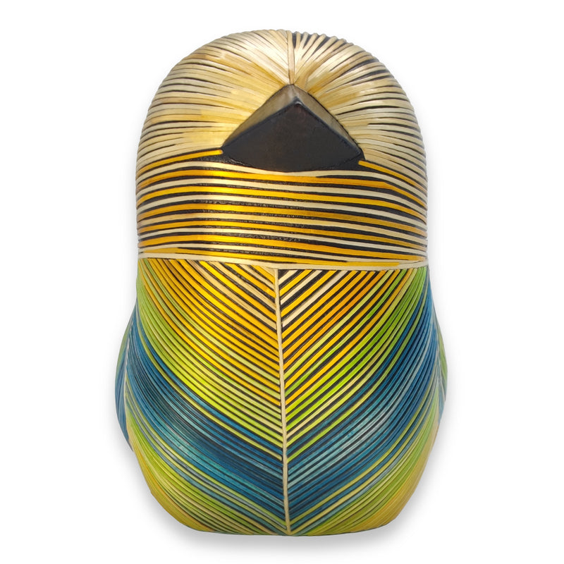 AVE DECORATIVA ANDINA - A arte do tamo - Madeira decorada com palha de trigo e cevada (marchetaria de palha)