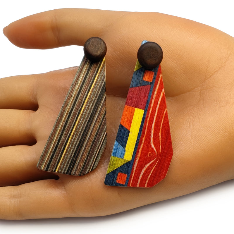 WOODIE TRIO EARRINGS - Handmade - Reversible - Plywood (3 crossed-laid layers of wood veneer)
