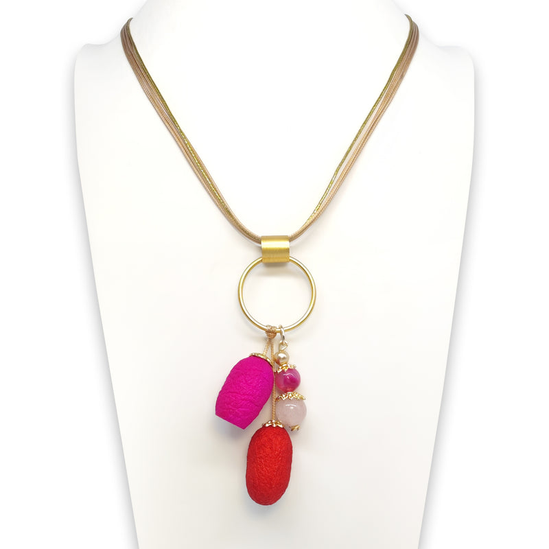 COCOON SILKE NECKLACE - Handmade - 24K gold-plated - Synthetic silk cords, agate, silk cocoons