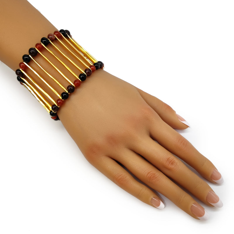 BRACELETE ELEGANCIA - Feita à mão - Banhada a ouro de 24 quilates - Ónix, ágatas