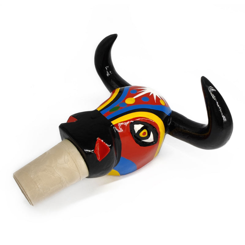 DECORATIVE BOTTLE STOPPER - The carnival bull - Hand-carved and painted wood