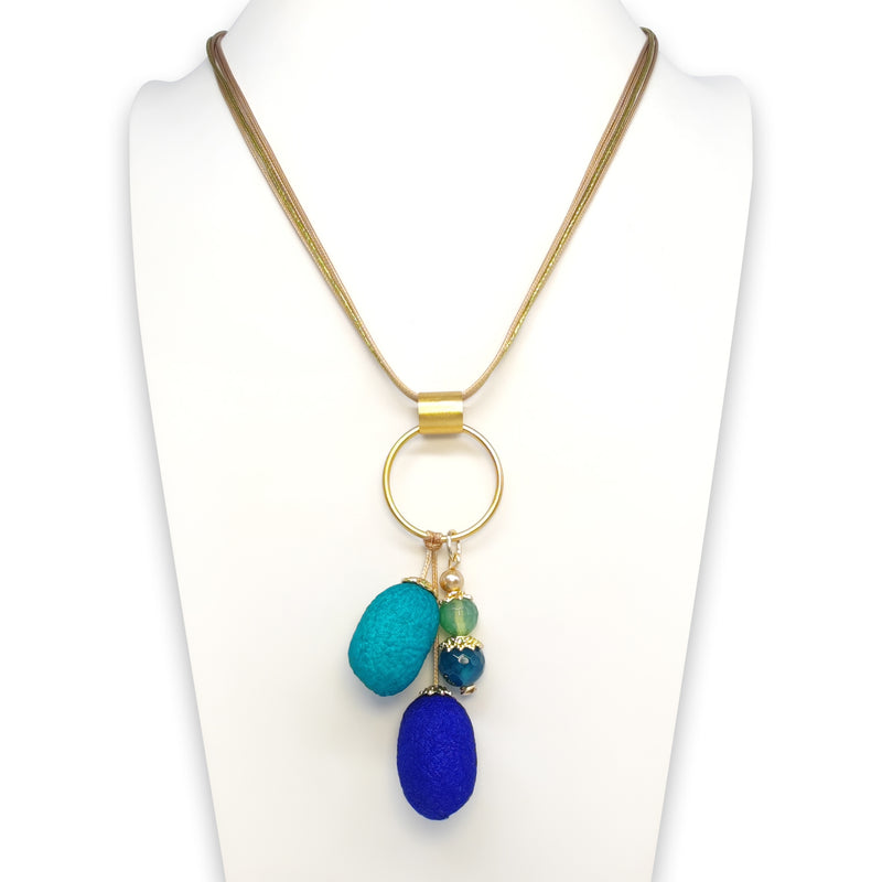 COCOON SILKE NECKLACE - Handmade - 24K gold-plated - Synthetic silk cords, agate, silk cocoons