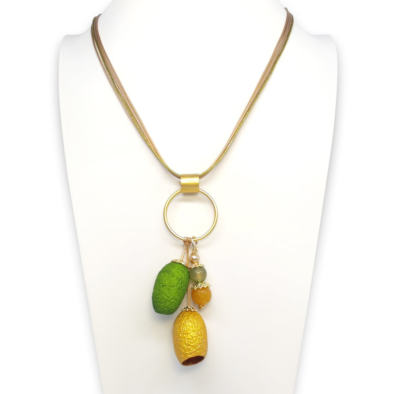 COCOON SILKE NECKLACE - Handmade - 24K gold-plated - Synthetic silk cords, agate, silk cocoons