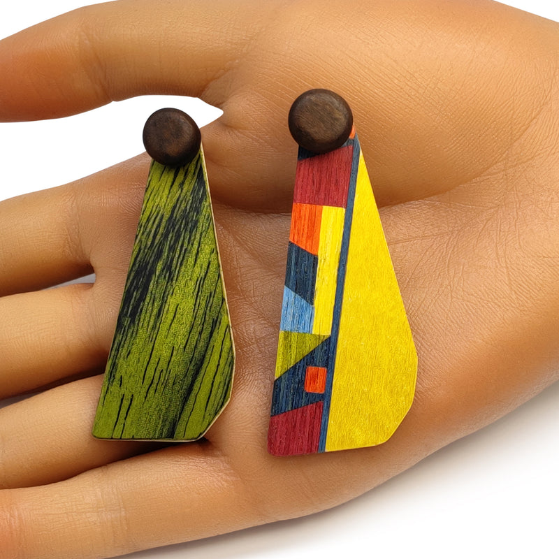 WOODIE TRIO EARRINGS - Handmade - Reversible - Plywood (3 crossed-laid layers of wood veneer)