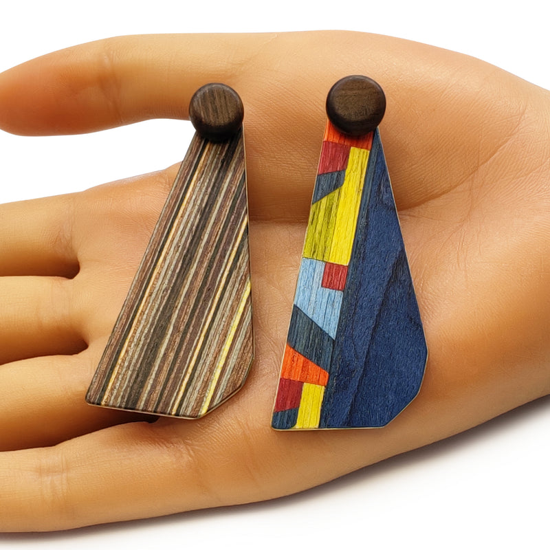 WOODIE TRIO EARRINGS - Handmade - Reversible - Plywood (3 crossed-laid layers of wood veneer)