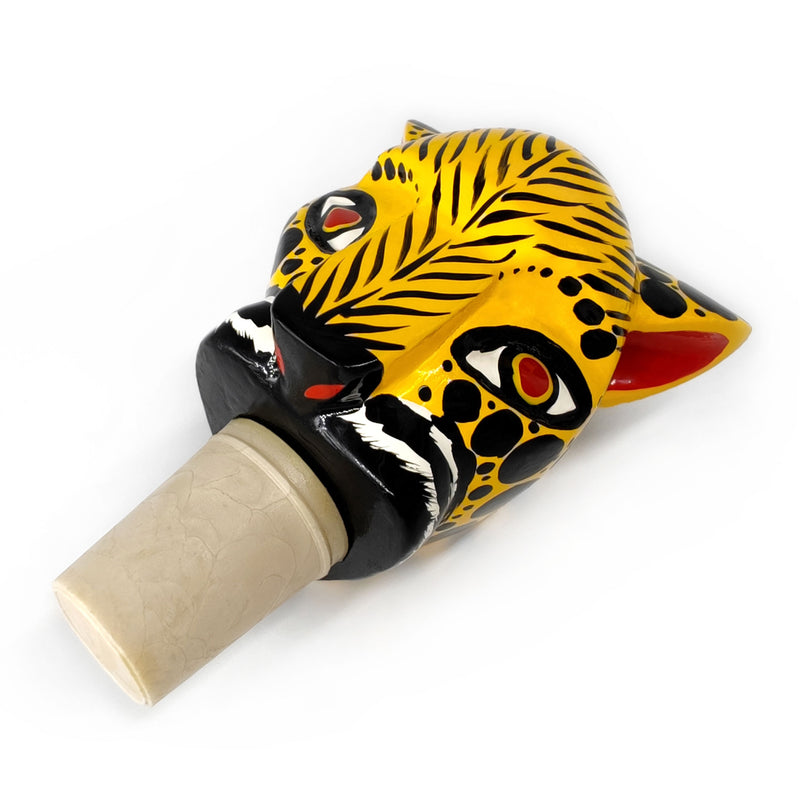 ROLHA DECORATIVA PARA GARRAFAS - O jaguar do carnaval - Madeira esculpida e pintada à mão