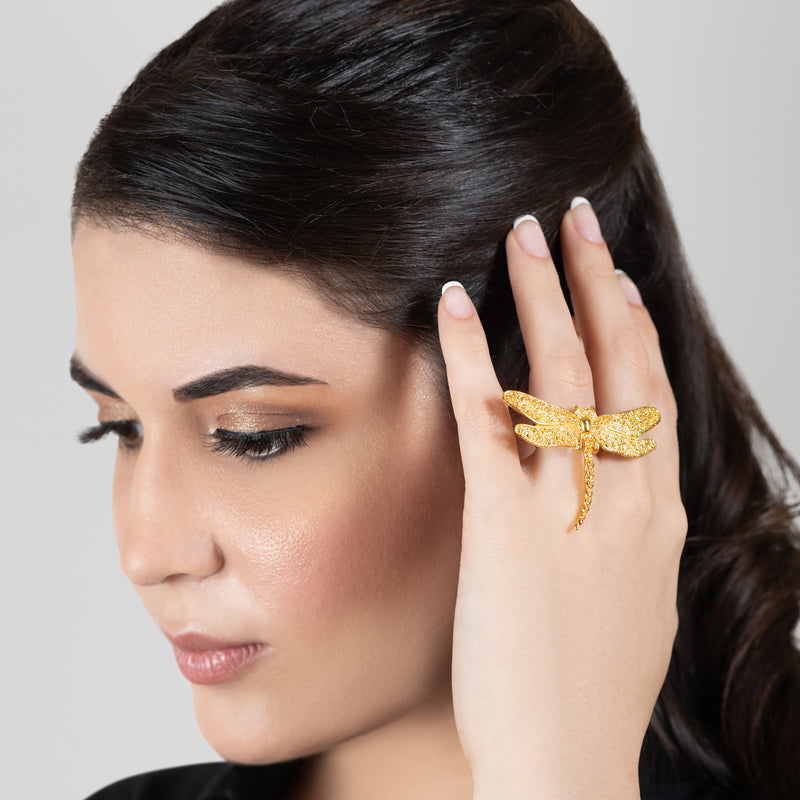 ANEL LIBÉLULA - Feito à mão - Banhado a ouro de 24 quilates