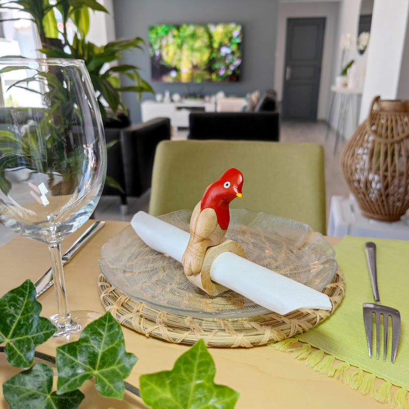 ARGOLA DE GUARDANAPO DECORATIVA - Galo-da-serra-andino - Madeira esculpida e pintada à mão