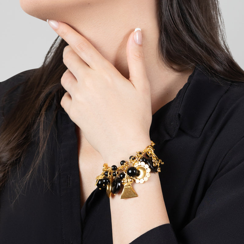 BRACELETE ENCANTO - Feita à mão - Banhada a ouro de 24 quilates - Ónix