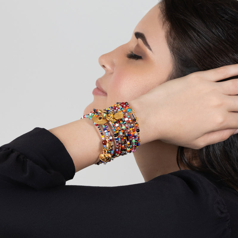 BRACELETE ESPIRAL - Feita à mão - Banhada a ouro de 24 quilates - Contas, pedras semipreciosas