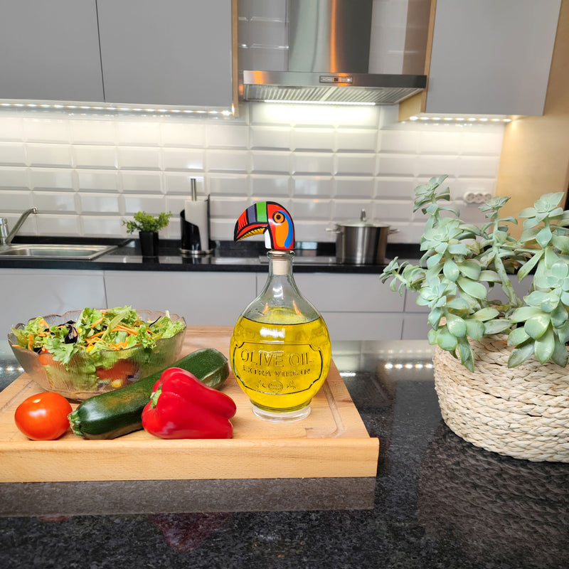 DECORATIVE BOTTLE STOPPER - The carnival toucan - Hand-carved and painted wood