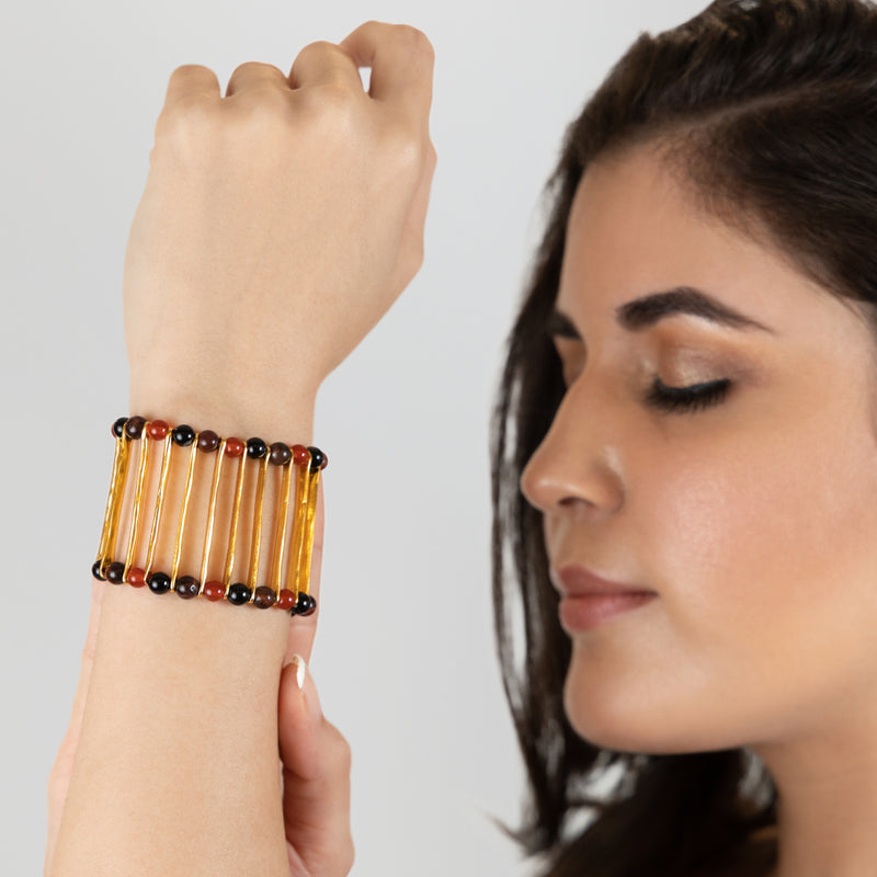 BRACELETE ELEGANCIA - Feita à mão - Banhada a ouro de 24 quilates - Ónix, ágatas