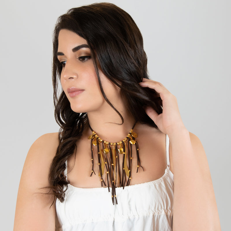 SUÉ NECKLACE - Handmade - 24K gold-plated - Leather