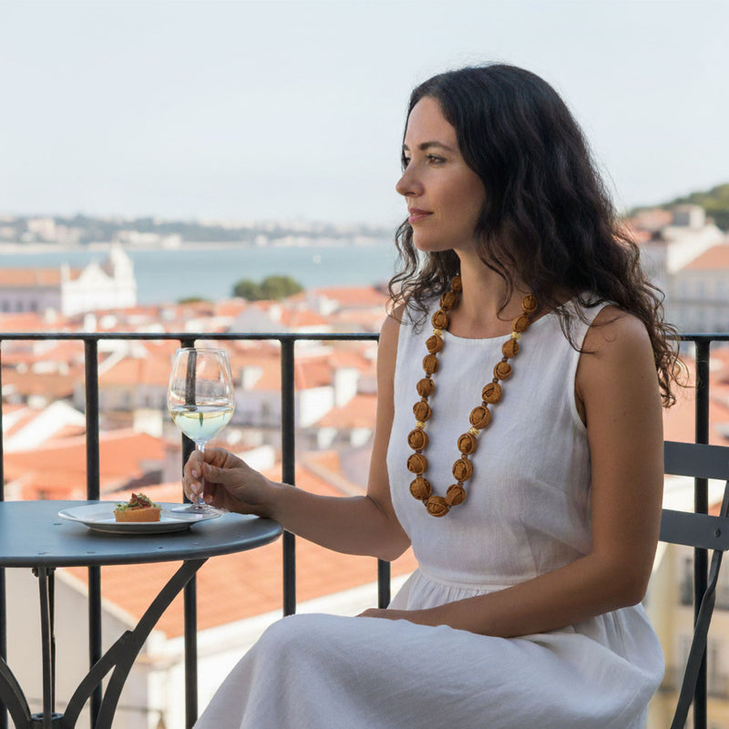 NARANJITA NECKLACE - Handmade - 24K gold-plated - Dyed orange peels, wooden beads