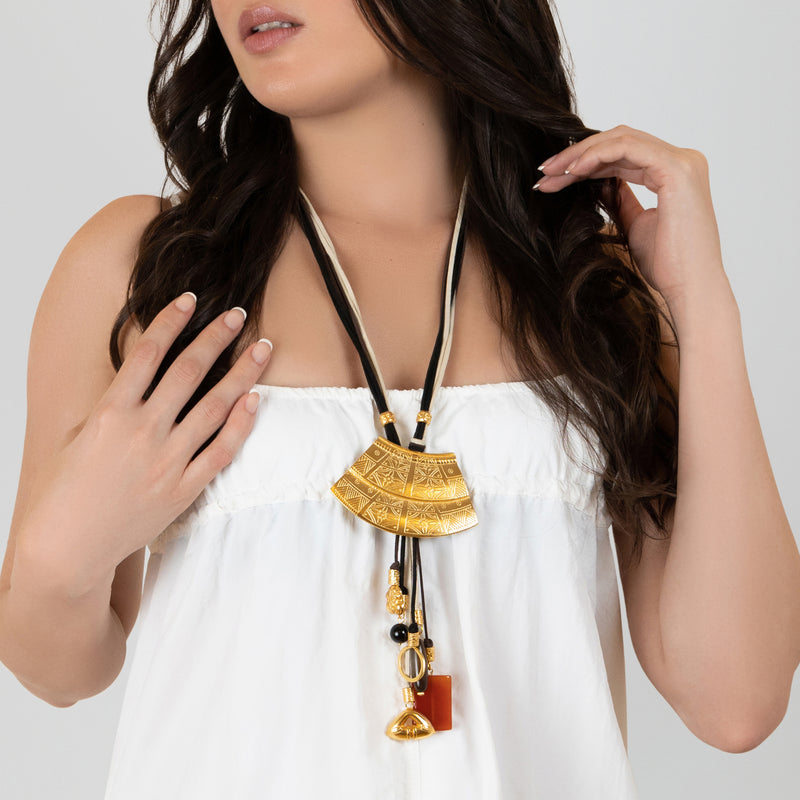 CORDÚLA NECKLACE - Handmade - 24K gold-plated - Leather, semi-precious stones