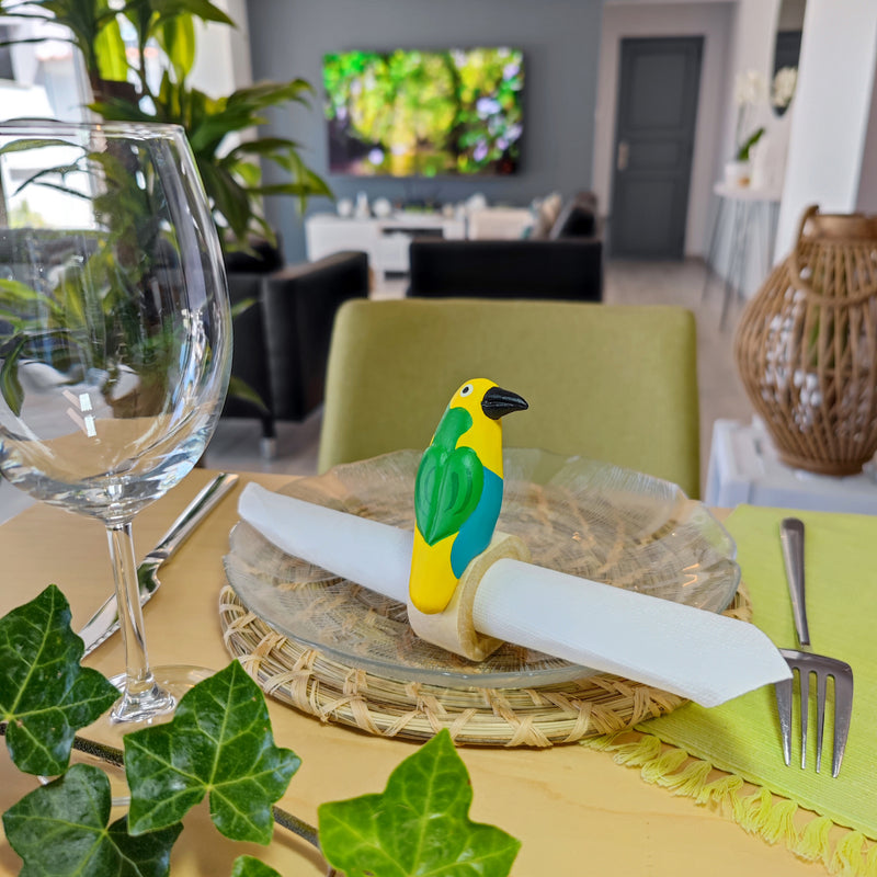 ROND DE SERVIETTE DÉCORATIF - Tangara multicolore - Bois sculpté et peint à la main