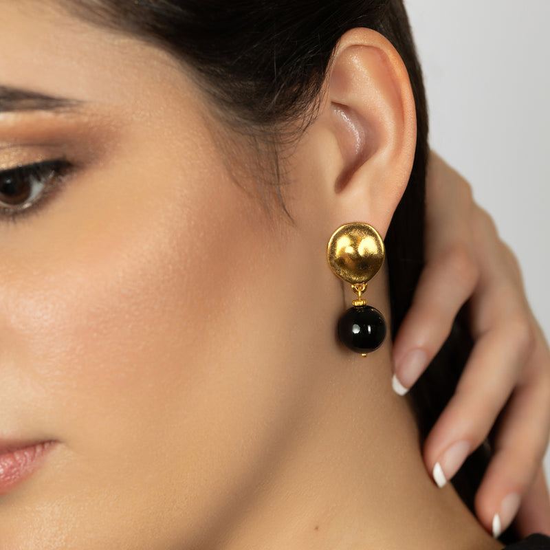 BRINCOS CALIMA - Feitos à mão - Banhados a ouro de 24 quilates - Ónix