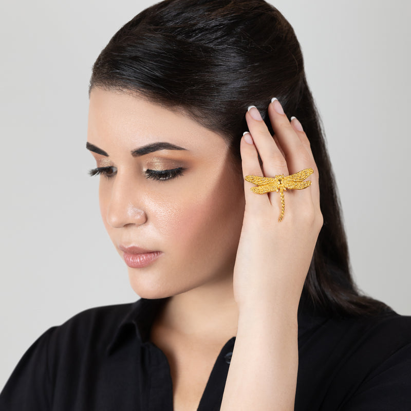 ANEL LIBÉLULA - Feito à mão - Banhado a ouro de 24 quilates