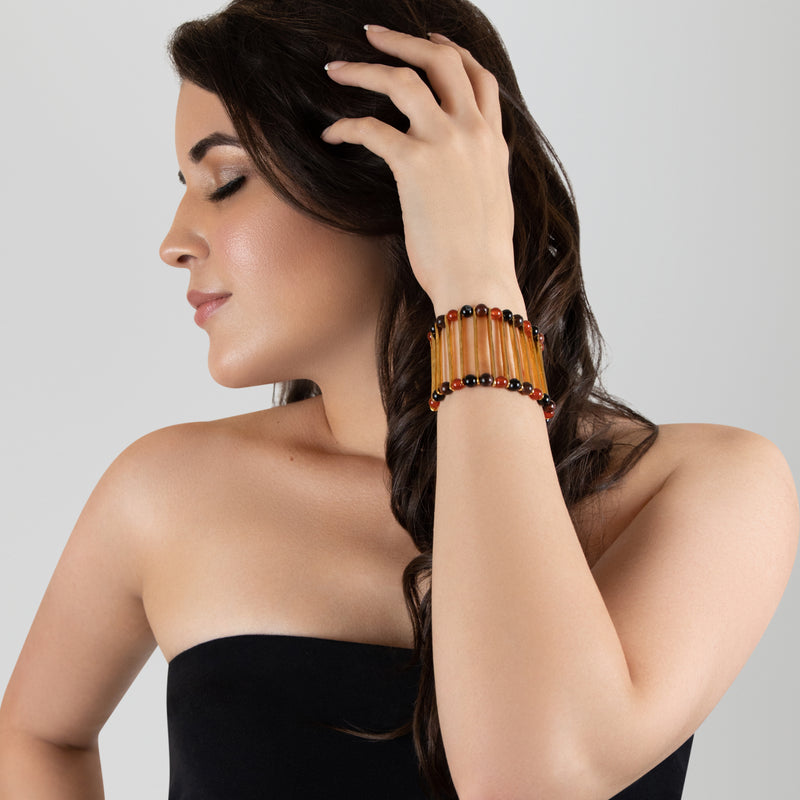 BRACELETE ELEGANCIA - Feita à mão - Banhada a ouro de 24 quilates - Ónix, ágatas