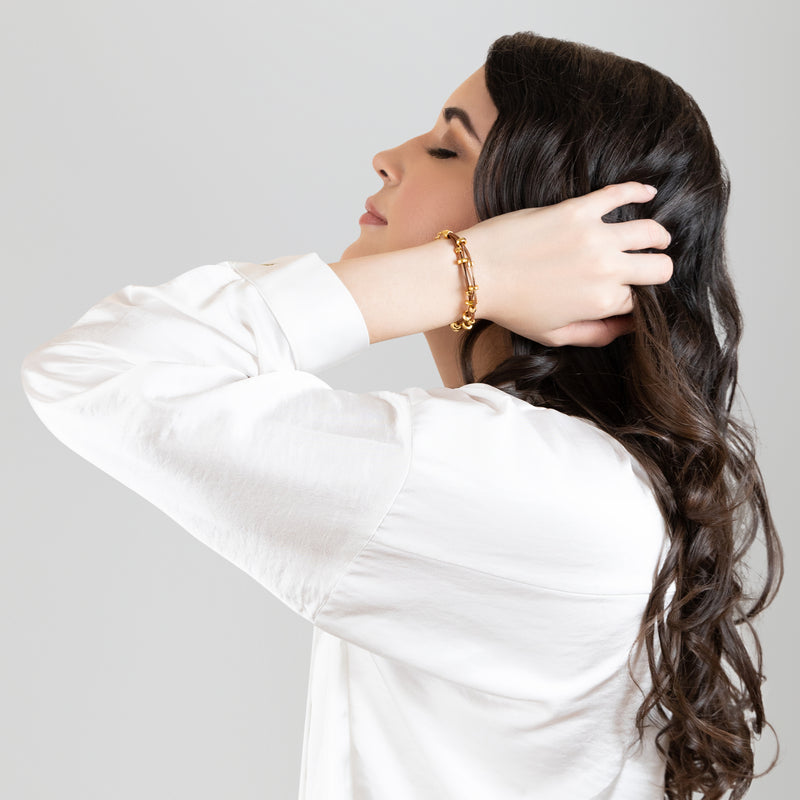 PULSEIRA LÚMEN - Feita à mão - Banhada a ouro de 24 quilates - Couro