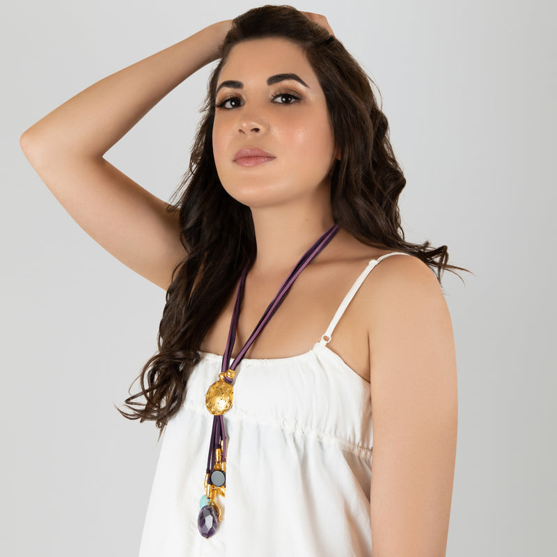 CORDÚLA NECKLACE - Handmade - 24K gold-plated - Leather, semi-precious stones