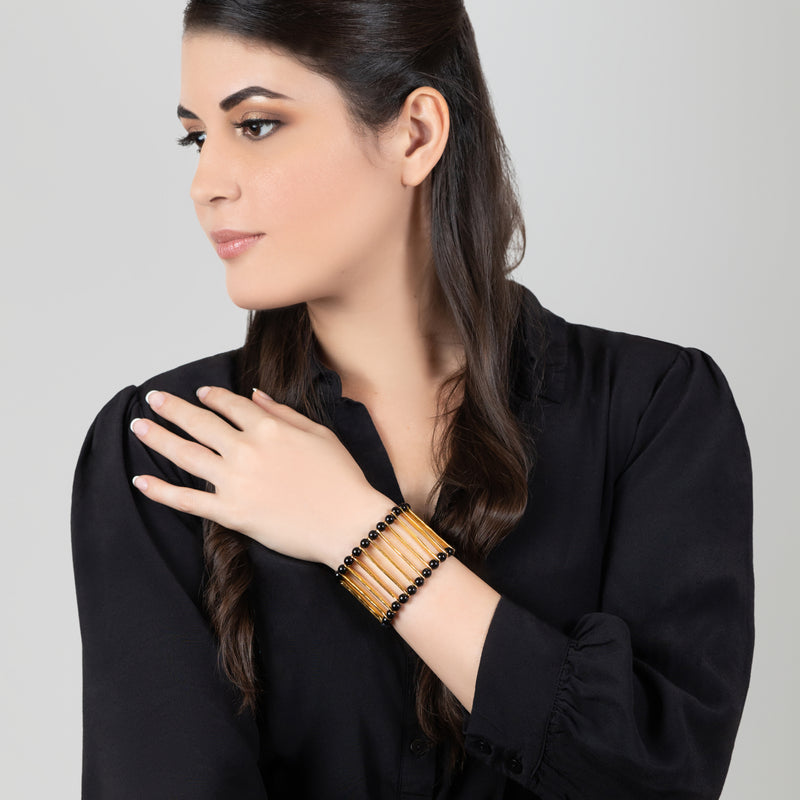 BRACELETE ELEGANCIA - Feita à mão - Banhada a ouro de 24 quilates - Ónix