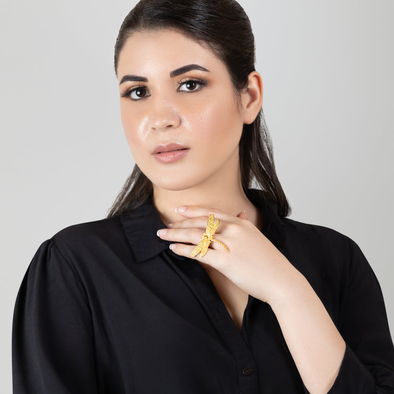 ANEL LIBÉLULA - Feito à mão - Banhado a ouro de 24 quilates