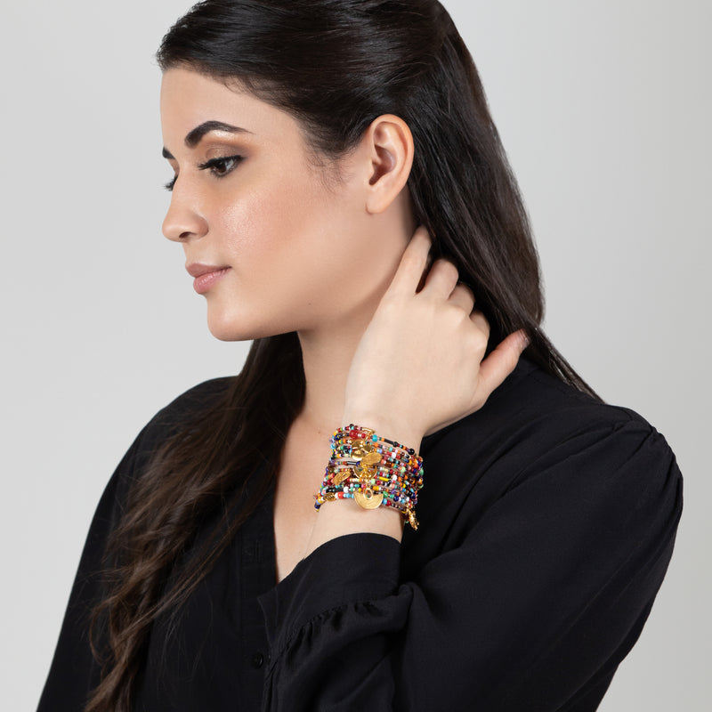 BRACELETE ESPIRAL - Feita à mão - Banhada a ouro de 24 quilates - Contas, pedras semipreciosas