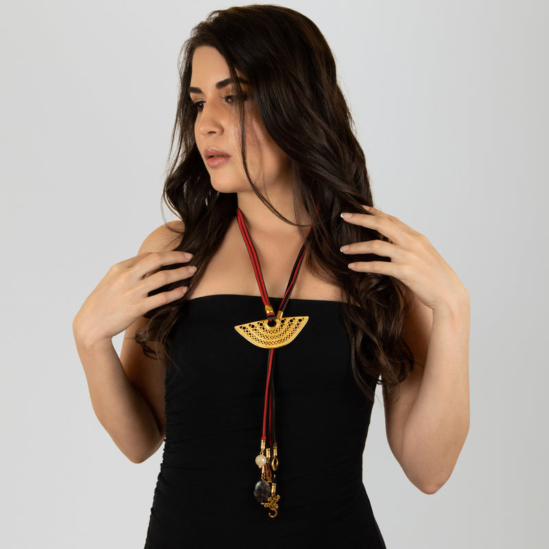 CORDÚLA NECKLACE - Handmade - 24K gold-plated - Leather, semi-precious stones