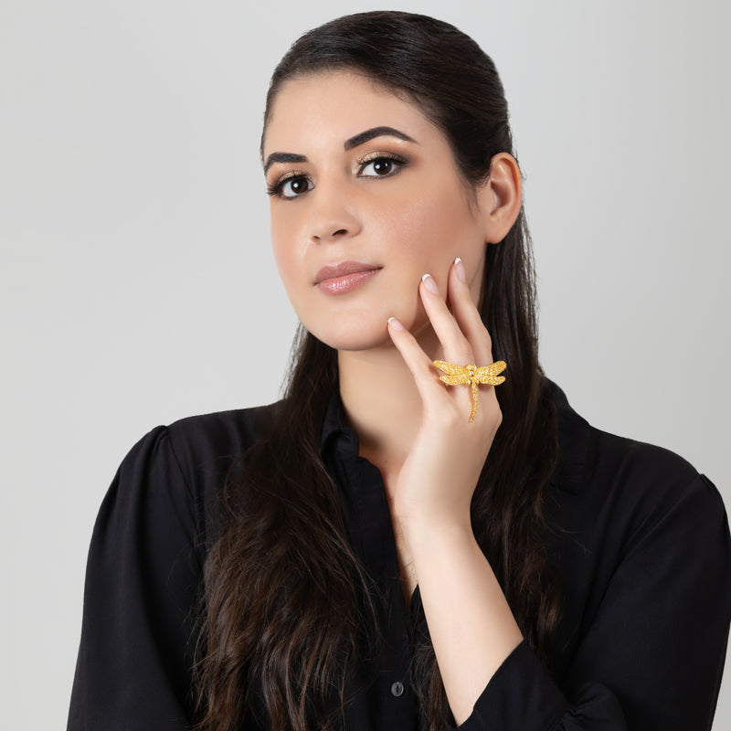 ANEL LIBÉLULA - Feito à mão - Banhado a ouro de 24 quilates