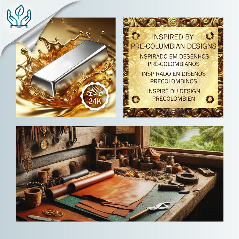 PULSEIRA LÚMEN - Feita à mão - Banhada a ouro de 24 quilates - Couro