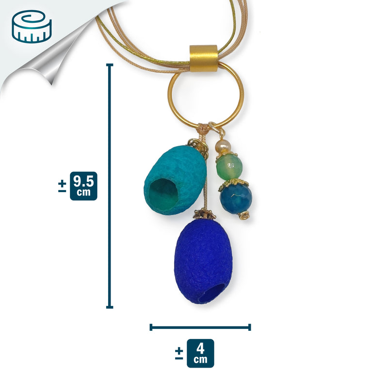 COCOON SILKE NECKLACE - Handmade - 24K gold-plated - Synthetic silk cords, agate, silk cocoons