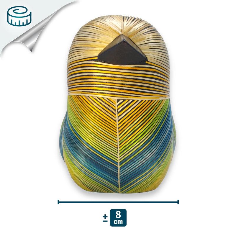 AVE DECORATIVA ANDINA - A arte do tamo - Madeira decorada com palha de trigo e cevada (marchetaria de palha)