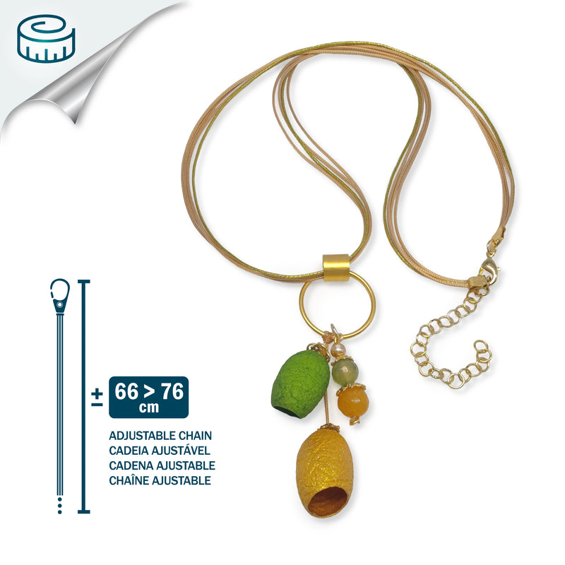 COCOON SILKE NECKLACE - Handmade - 24K gold-plated - Synthetic silk cords, agate, silk cocoons