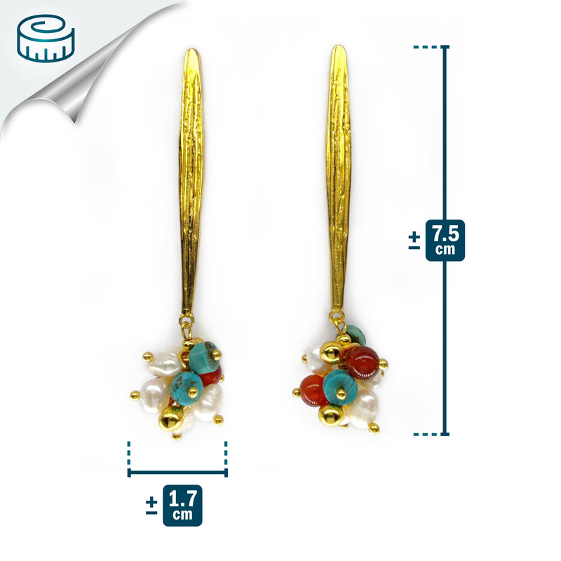 BRINCOS FRIDA - Feitos à mão - Banhados a ouro de 24 quilates - Pérolas cultivadas, turquesas, ágatas